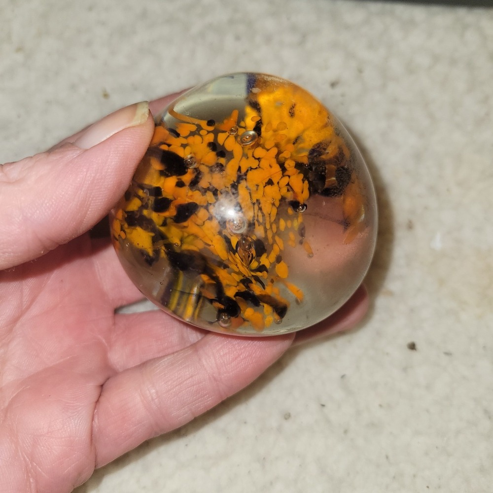 Hand Blown Art Glass Paperweight Orange Black Controlled Bubbles Studio Glass...